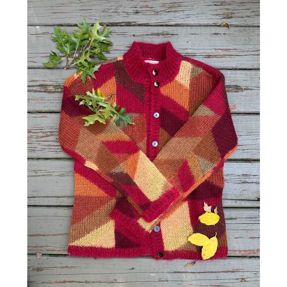 Vintage Talbots Hand Knit Red Mohair Blend Fluffy Grannycore Cardigan Sz P - Picture 2 of 13